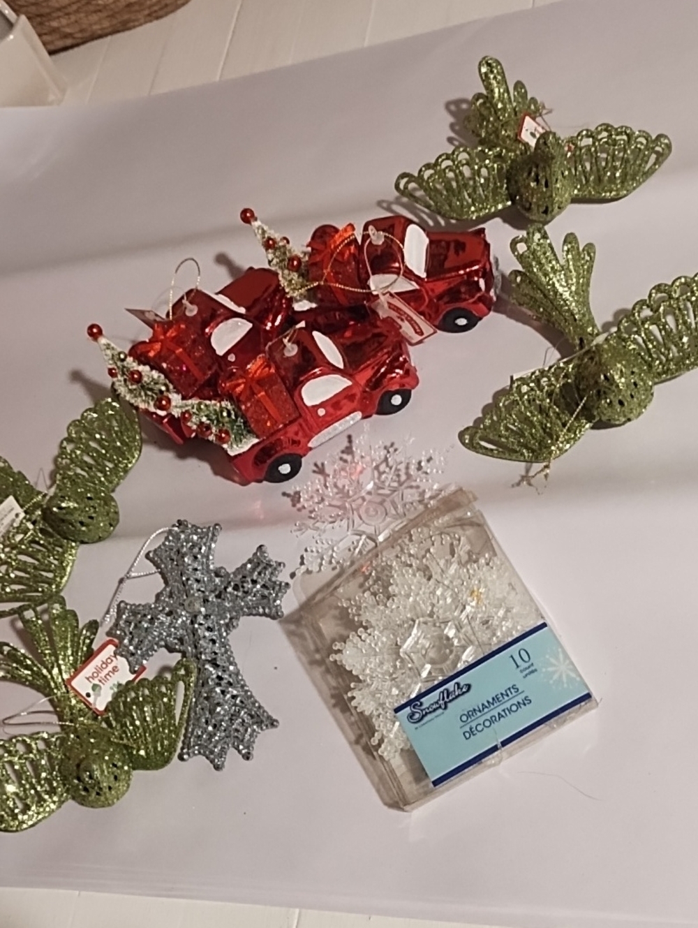 Bundle Of 18 Holiday Red Truck, Cross, Snowflake & Green Glitter Bird Decor NWT.